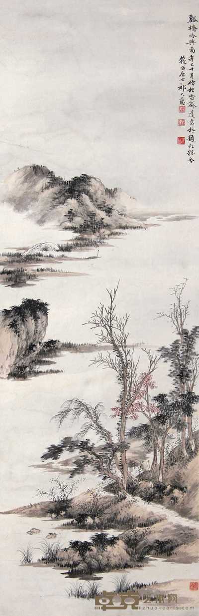 祁大夔 辛巳(1941年)作 溪桥吟兴图 镜心 99×32cm